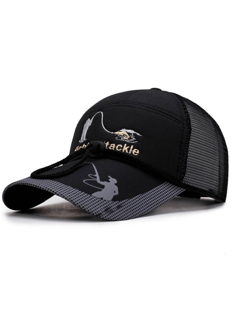 Black mesh fishing cap SF0572 with drawstring, ideal for outdoor activities and sun protection.